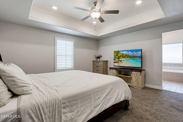 14733 Charles Foster Ave, El Paso, TX 79938 - bedroom with a raised ceiling, carpet floors, recessed lighting, connected bathroom, and baseboards