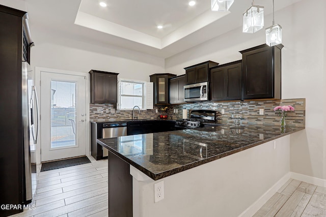14733 Charles Foster Ave, El Paso, TX 79938 - kitchen with stainless steel appliances, a peninsula, dark brown cabinets, a sink, and light wood-style flooring