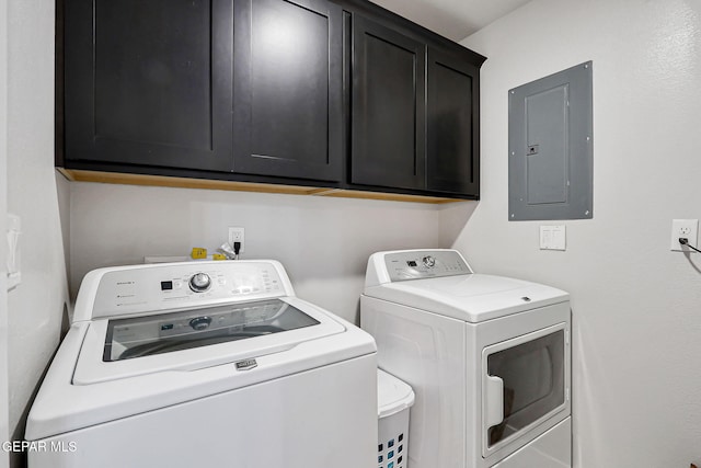 14733 Charles Foster Ave, El Paso, TX 79938 - laundry area featuring electric panel, washing machine and dryer, and cabinet space