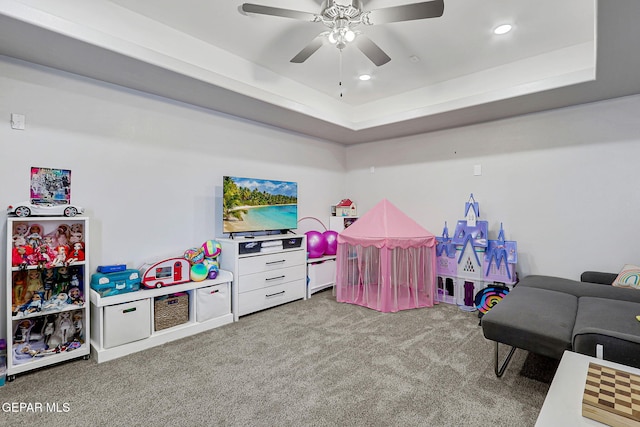 14733 Charles Foster Ave, El Paso, TX 79938 - rec room featuring carpet flooring, ceiling fan, recessed lighting, and a raised ceiling