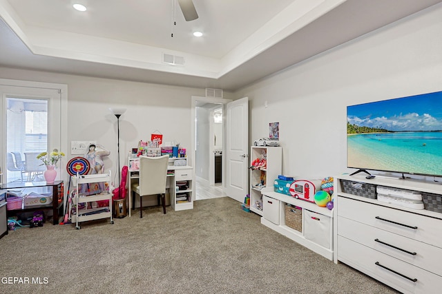 14733 Charles Foster Ave, El Paso, TX 79938 - recreation room with carpet flooring, a tray ceiling, a ceiling fan, and recessed lighting
