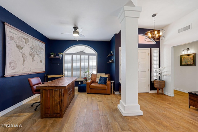 904 Las Palmas Way, El Paso, TX 79912 - office featuring decorative columns, a ceiling fan, light wood finished floors, a chandelier, and baseboards