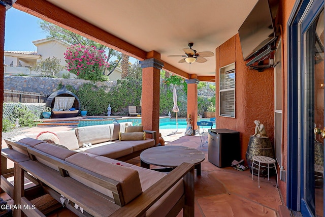 904 Las Palmas Way, El Paso, TX 79912 - fenced backyard featuring an outdoor living space, a ceiling fan, and a patio