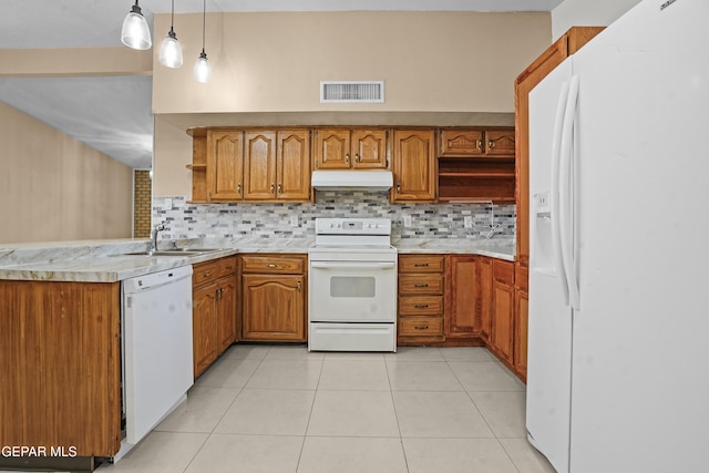 9913 Bomarc St, El Paso, TX 79924 - kitchen with white appliances, open shelves, under cabinet range hood, a sink, and brown cabinets
