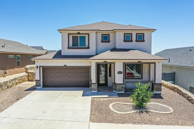 12772 Silver Streak Ave, El Paso, TX 79928 - view of front of home featuring stucco siding, covered porch, driveway, and roof with shingles