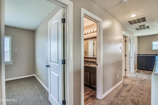 12772 Silver Streak Ave, El Paso, TX 79928 - hallway featuring carpet, a textured ceiling, baseboards, and a textured wall