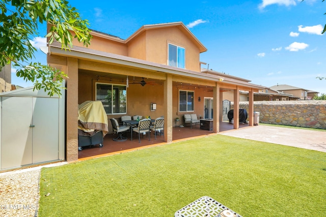 14382 Karen Point Ct, El Paso, TX 79938 - back of property featuring stucco siding, ceiling fan, and a patio area