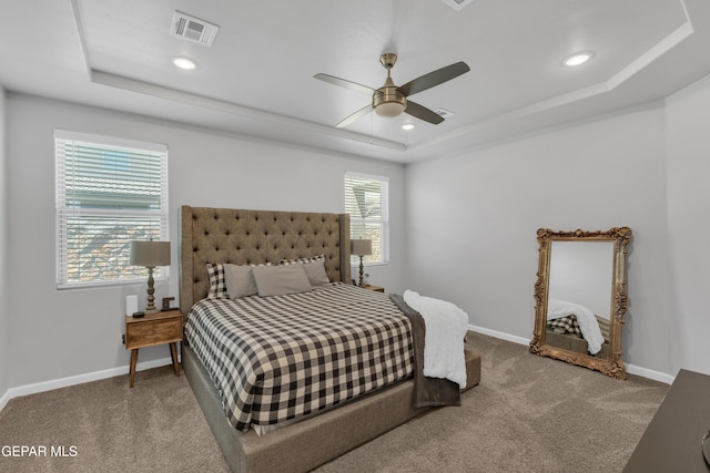 13727 Harbottle St, El Paso, TX 79928 - carpeted bedroom with a tray ceiling, baseboards, recessed lighting, and ceiling fan