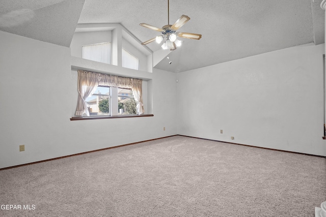 4513 Gen Maloney Cir, El Paso, TX 79924 - bonus room featuring a textured ceiling, ceiling fan, carpet, high vaulted ceiling, and baseboards