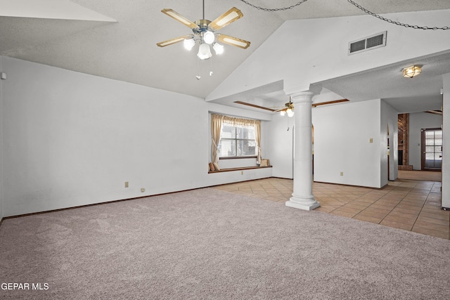 4513 Gen Maloney Cir, El Paso, TX 79924 - unfurnished living room with decorative columns, ceiling fan, carpet, tile patterned flooring, and baseboards