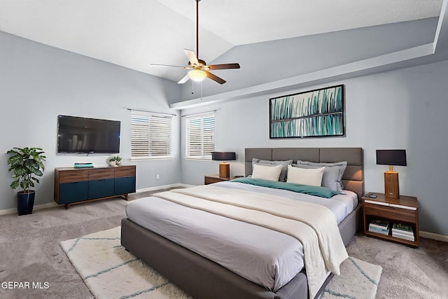 14045 Tower Point Way, El Paso, TX 79938 - bedroom with carpet, vaulted ceiling, baseboards, and a ceiling fan