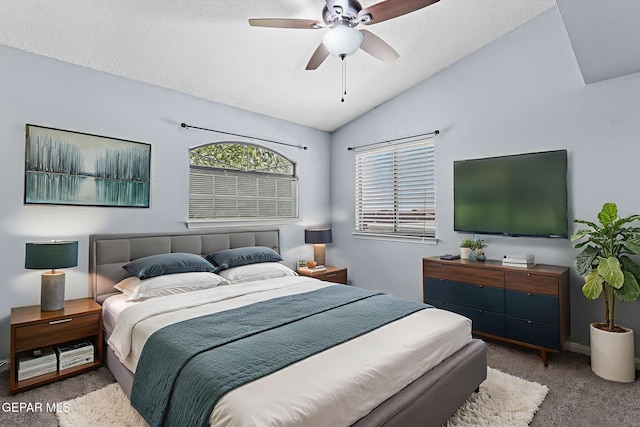 14045 Tower Point Way, El Paso, TX 79938 - bedroom with carpet flooring, vaulted ceiling, ceiling fan, and baseboards