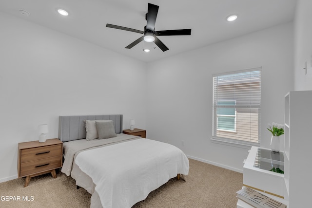 13873 Madero Ave, Horizon City, TX 79928 - bedroom with light carpet, recessed lighting, and a ceiling fan