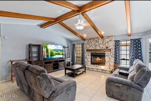 16006 Darley Dr, Horizon City, TX 79928 - living room with a stone fireplace, light tile patterned floors, and baseboards
