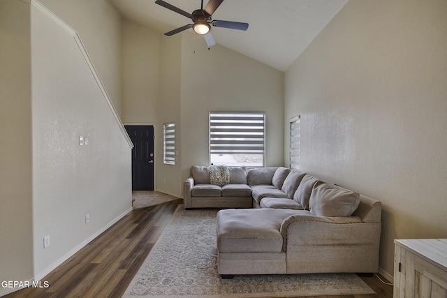 7044 Eagle Nest Ct, El Paso, TX 79934 - living area featuring high vaulted ceiling, a ceiling fan, dark wood-type flooring, and baseboards