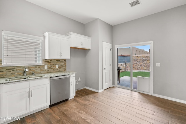 13519 Hazlewood St, El Paso, TX 79928 - kitchen featuring dishwasher, a sink, tasteful backsplash, wood finished floors, and white cabinetry