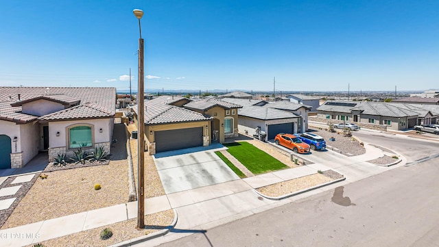12826 Osmotherly Ave, El Paso, TX 79928 - view of front of property with a garage, stucco siding, stone siding, a residential view, and driveway