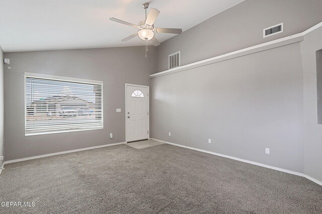 401 Gran Villa Pl, Socorro, TX 79927 - carpeted spare room featuring a ceiling fan, baseboards, and high vaulted ceiling