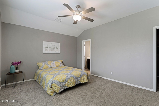 401 Gran Villa Pl, Socorro, TX 79927 - carpeted bedroom with baseboards, lofted ceiling, and a ceiling fan