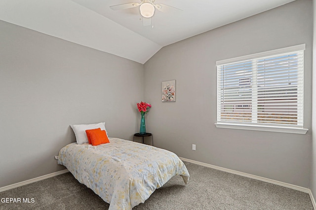 401 Gran Villa Pl, Socorro, TX 79927 - carpeted bedroom featuring baseboards, vaulted ceiling, and a ceiling fan
