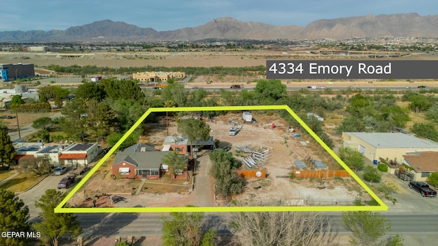 4334 Emory Rd, El Paso, TX 79922 - aerial overview of property's location featuring mountains and property parcel outlined
