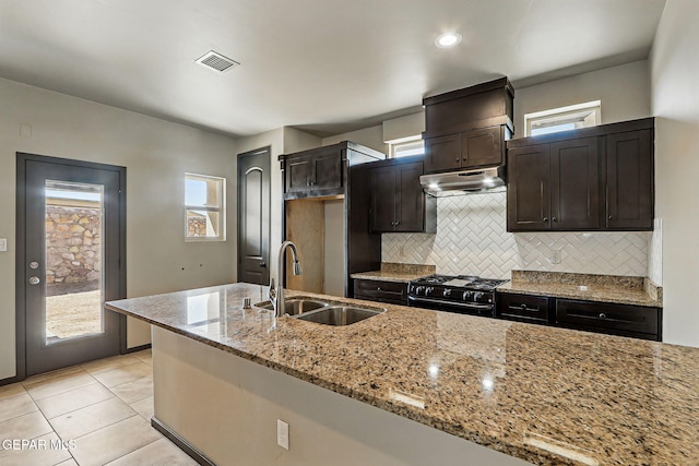 14425 Donny Murray Ln, Horizon City, TX 79928 - kitchen featuring a sink, black range with gas stovetop, under cabinet range hood, tasteful backsplash, and light stone countertops