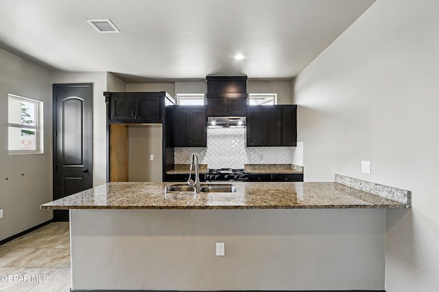 14425 Donny Murray Ln, Horizon City, TX 79928 - kitchen with a sink, stone counters, decorative backsplash, under cabinet range hood, and a peninsula