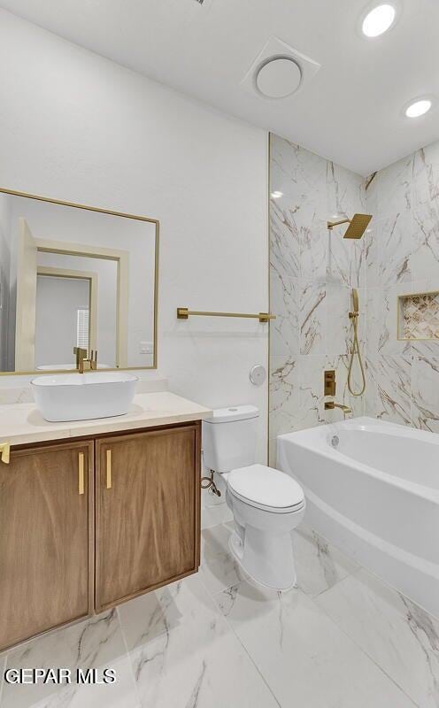 12748 Polo Norte Dr, El Paso, TX 79934 - bathroom with vanity, marble finish flooring, and washtub / shower combination