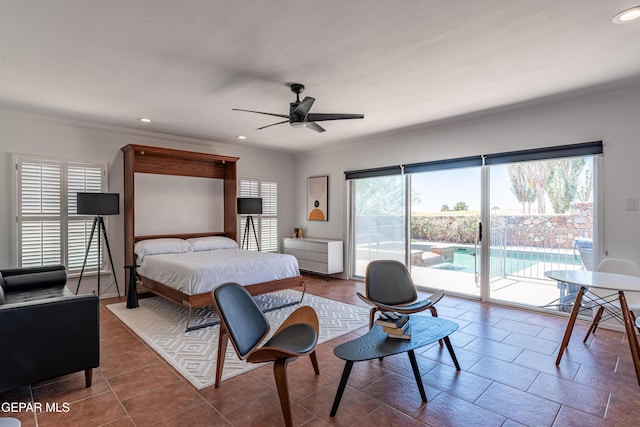 1013 Singing Hills Dr, El Paso, TX 79912 - tiled bedroom featuring multiple windows, access to outside, recessed lighting, ornamental molding, and ceiling fan