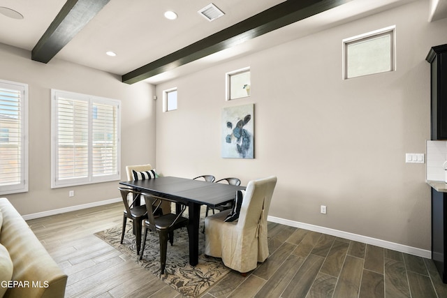 14924 Hill Ridge Ct, El Paso, TX 79938 - dining area with beamed ceiling, dark wood-style floors, and recessed lighting