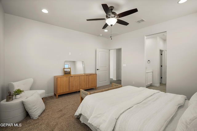 14932 Hill Ridge Ct, El Paso, TX 79938 - bedroom with recessed lighting, baseboards, a ceiling fan, ensuite bath, and light carpet