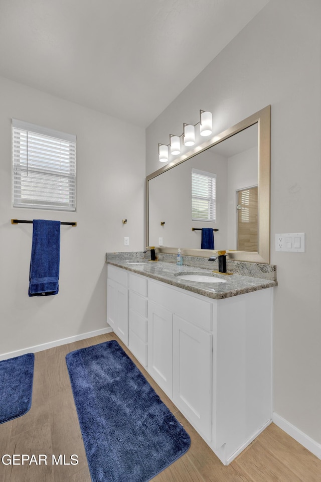 281 Farnborough St, Horizon City, TX 79928 - bathroom featuring double vanity, healthy amount of natural light, wood finished floors, and baseboards