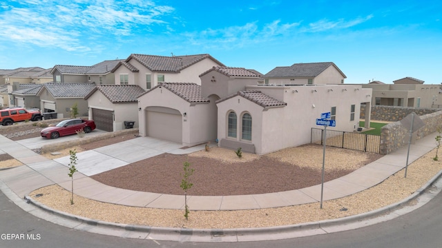 281 Farnborough St, Horizon City, TX 79928 - view of front of property with stucco siding, a garage, a tile roof, a residential view, and driveway