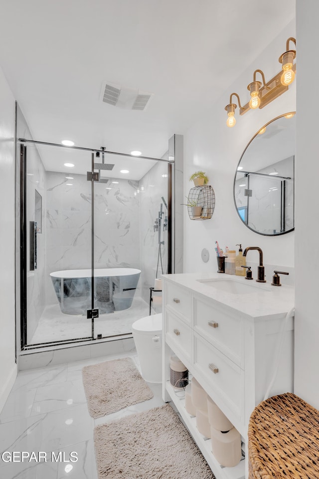 305 N Carolina Dr, El Paso, TX 79915 - full bathroom with a marble finish shower, vanity, marble finish flooring, toilet, and recessed lighting