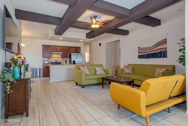 1916 William Caples St, El Paso, TX 79938 - living room with coffered ceiling, beam ceiling, ceiling fan, recessed lighting, and light tile patterned floors