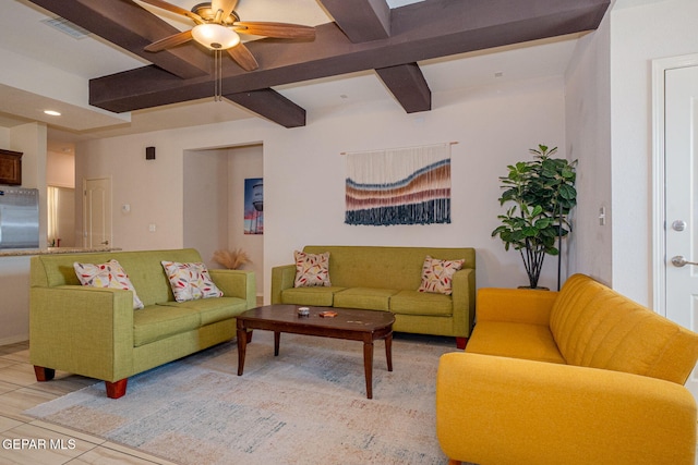 1916 William Caples St, El Paso, TX 79938 - living room with beam ceiling, coffered ceiling, a ceiling fan, and recessed lighting