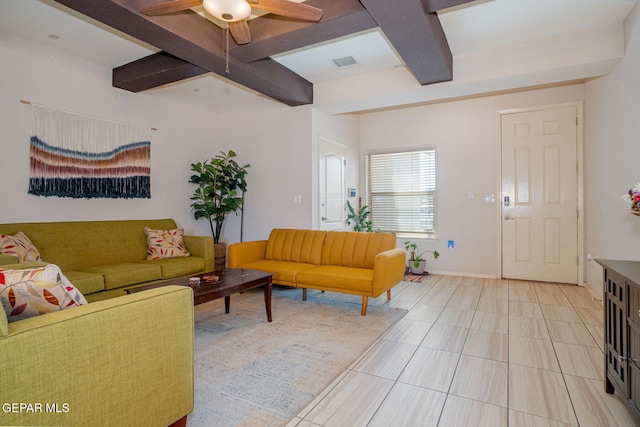 1916 William Caples St, El Paso, TX 79938 - living area featuring beamed ceiling, a ceiling fan, baseboards, and light tile patterned floors