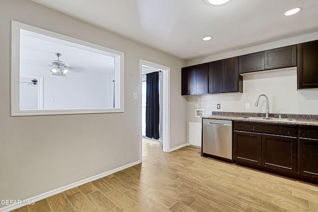 3408 Pierce Ave, El Paso, TX 79930 - kitchen featuring dishwasher, a sink, dark brown cabinetry, a ceiling fan, and recessed lighting