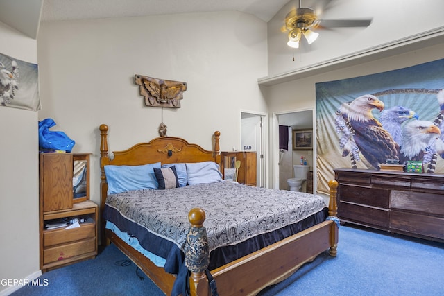 14407 Ocean Point Ln, El Paso, TX 79938 - carpeted bedroom featuring vaulted ceiling, connected bathroom, and ceiling fan