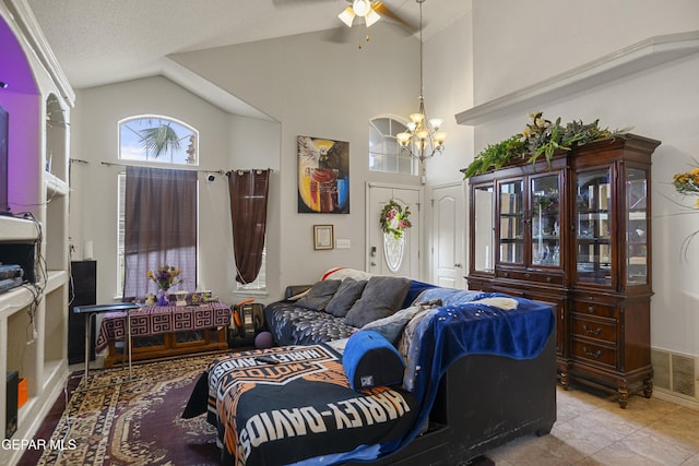 14407 Ocean Point Ln, El Paso, TX 79938 - living area featuring a chandelier, a ceiling fan, lofted ceiling, and tile patterned flooring