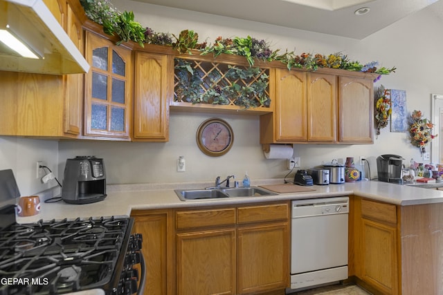 14407 Ocean Point Ln, El Paso, TX 79938 - kitchen with white dishwasher, range with gas stovetop, a sink, under cabinet range hood, and light countertops