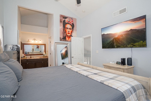 1321 Amber Morgan Dr, El Paso, TX 79936 - bedroom with ensuite bath, a ceiling fan, and high vaulted ceiling