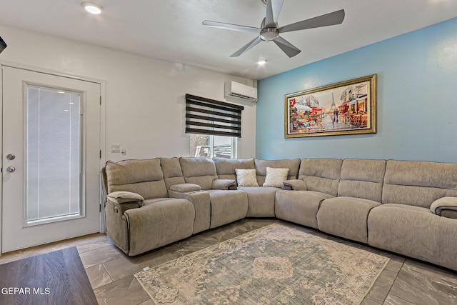 658 John Martin Ct, El Paso, TX 79932 - living room featuring a wall mounted AC, marble look tiles, and a ceiling fan