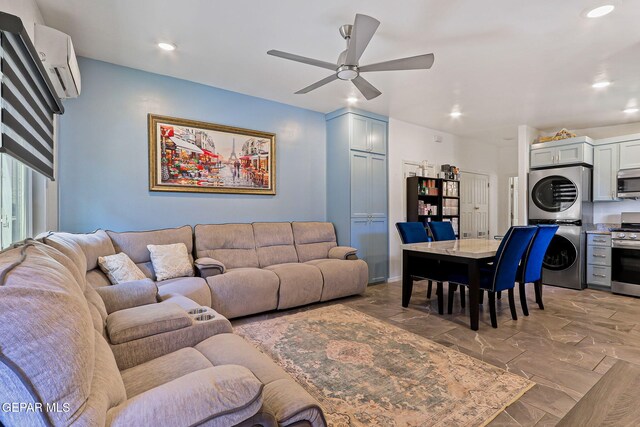 658 John Martin Ct, El Paso, TX 79932 - living area featuring stacked washer / dryer, a wall mounted AC, ceiling fan, and recessed lighting