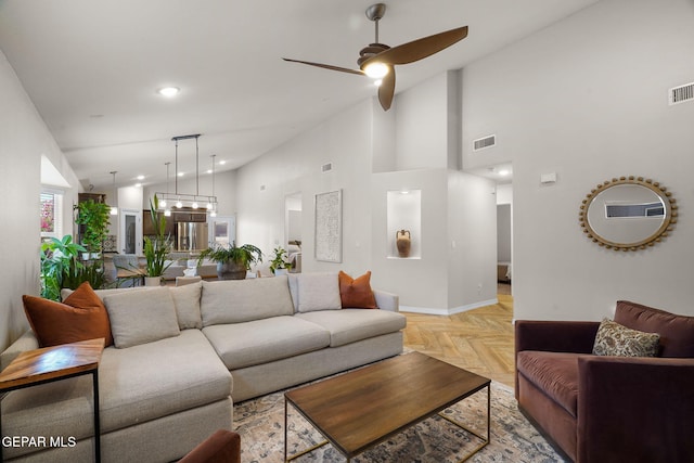 14183 Peyton Edwards Ave, El Paso, TX 79938 - living area with ceiling fan, lofted ceiling, baseboards, and recessed lighting