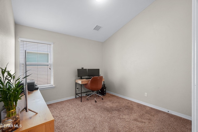14183 Peyton Edwards Ave, El Paso, TX 79938 - office area featuring carpet floors, baseboards, and vaulted ceiling