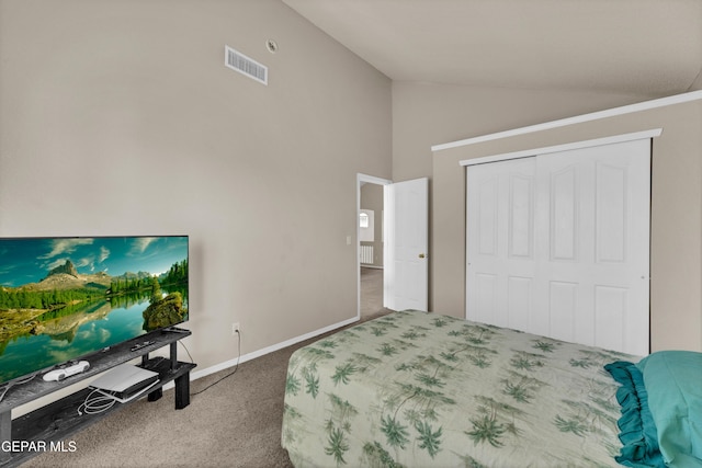 444 Ghost Flower St, Horizon City, TX 79928 - bedroom featuring carpet flooring, high vaulted ceiling, and a closet