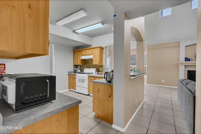444 Ghost Flower St, Horizon City, TX 79928 - kitchen featuring white range with gas stovetop, black microwave, light tile patterned floors, under cabinet range hood, and backsplash