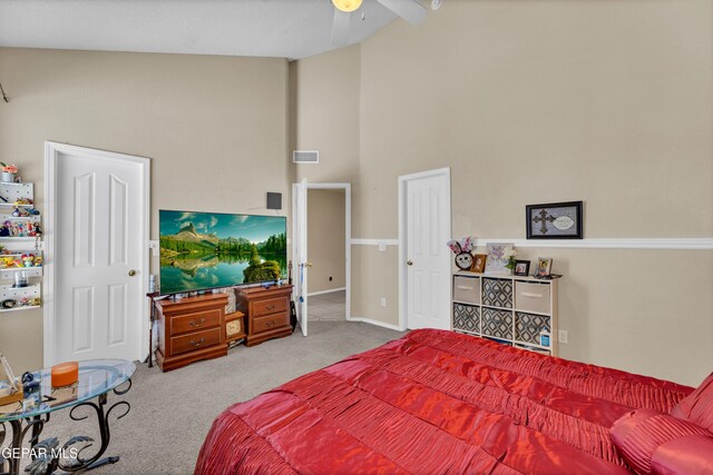 444 Ghost Flower St, Horizon City, TX 79928 - bedroom featuring carpet flooring, high vaulted ceiling, and a ceiling fan