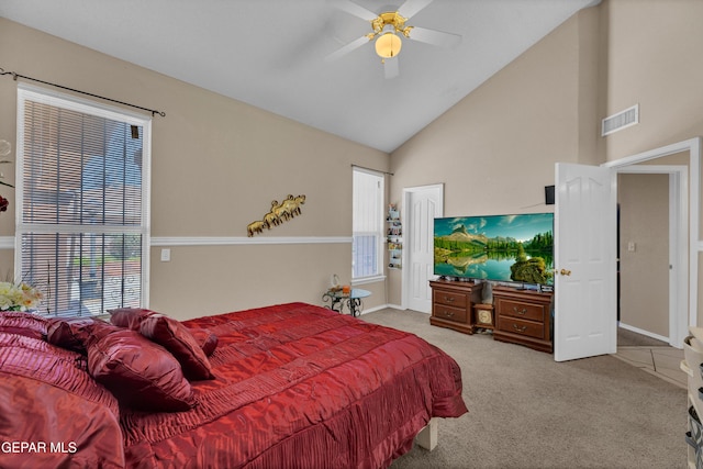444 Ghost Flower St, Horizon City, TX 79928 - bedroom featuring high vaulted ceiling, carpet flooring, and ceiling fan